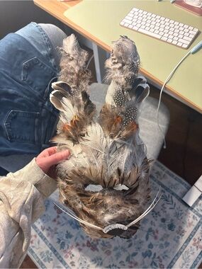 Handmade Feather Carnival Mask in Natural Browns and Grays